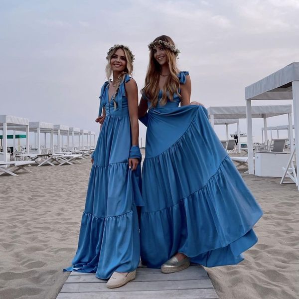 Royal Blue Beach Beidsmaid Платья V-вырезы, линия страна кантри горничная честь платья до пола длина плюс размер сатин богемное свадебное гостевое платье