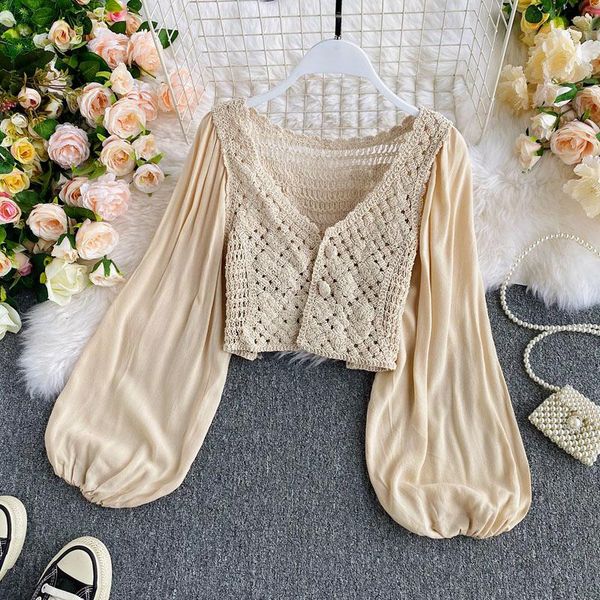 

women's blouses & shirts 2021 spring french blouse women v-neck knitted hollow out single breasted lantern sleeve chiffon patchwork sho, White