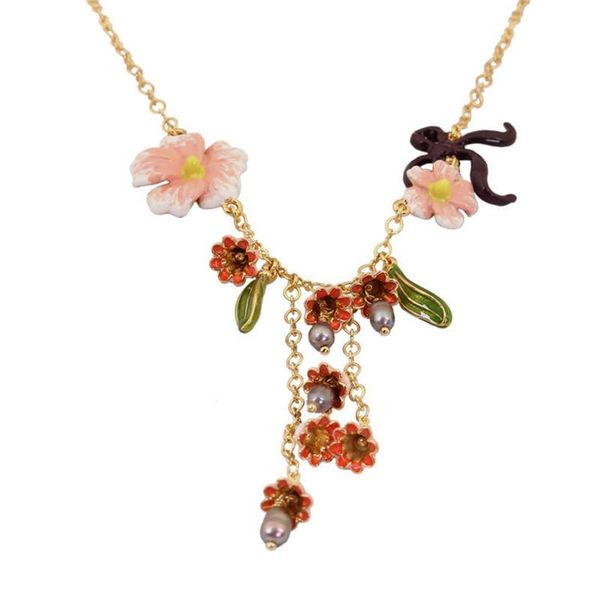 

pendant necklaces european and american personality lily of the valley series pink petals hand-painted enamel adjustable clavicle chain neck, Silver