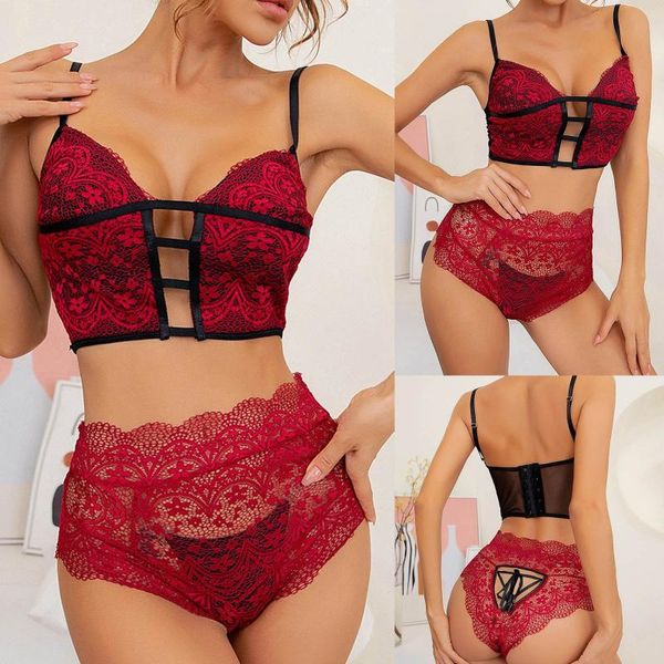 

bras sets lace lingerie women open crotch underwear erotic transparent push up bra set female porno sheer panties sleep costume, Red;black