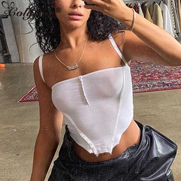 Colysmo Nervürlü Örgü Korse Üst Siyah Backless Cami Katı Renk Seksi Bodycon Kırpma Kadınlar Bayanlar Sonbahar Kulübü Parti Takım 210527