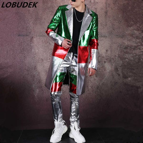 Cuoio DELL'UNITÀ di elaborazione Splicing Colore Lungo Blazer Pantaloni 2 Pezzi Stile Punk Abiti da uomo Marea Cantante Maschio Concerto Costume di Scena Discoteca X0909