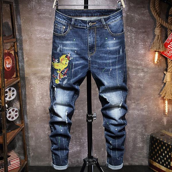 

2021, men's embroidered jeans stretch pants ripped spilled ink plus size, Blue