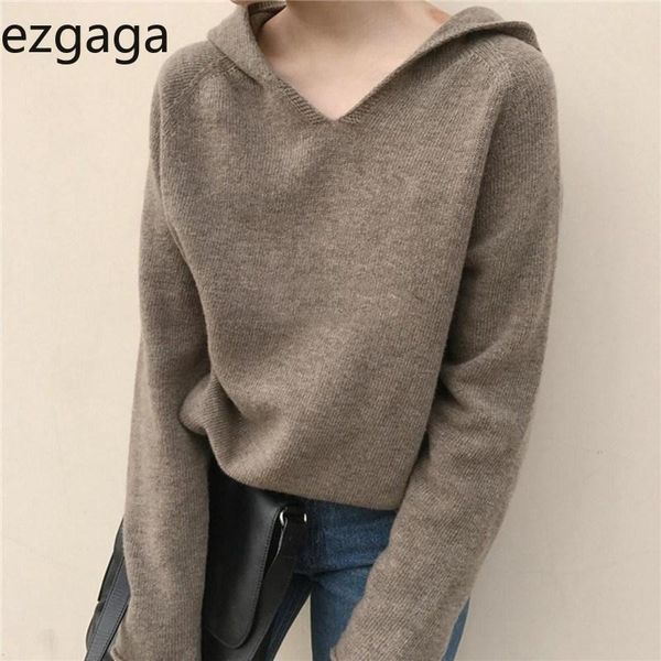 

ezgaga knitted hoodies women fashion autumn thin base solid loose long sleeve sweatshirt streetwear harajuku ladies casual women's & s, Black