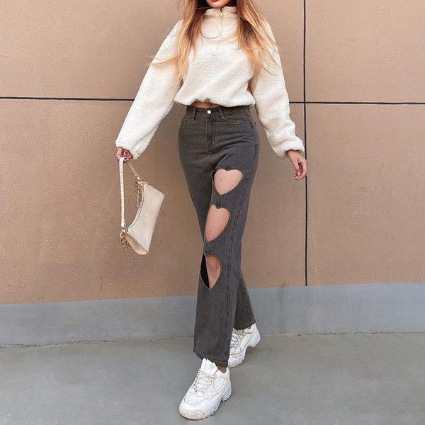 

heart pattern hole high waist y2k women's fashion jeans vintage straight sweet denim pants trousers for female streetwear capri, Blue