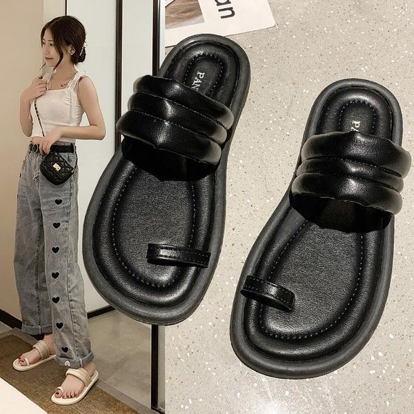 

slippers toe sandals women's summer flat 2021 korean version of joker student fairy wind soft bottom comfortable roman shoes, Black