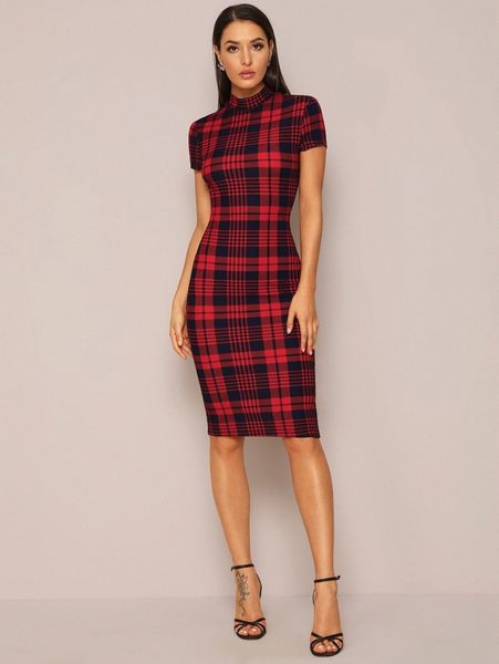 

mock-neck plaid form fitted dress r9x2#, Black;gray