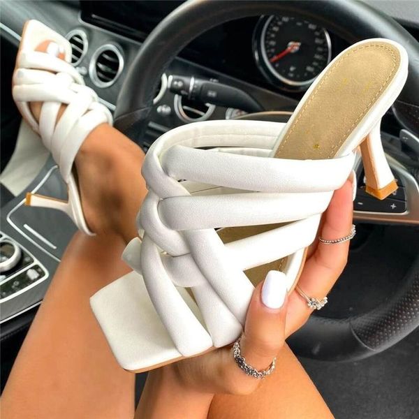 

summer luxury women 9.5cm high heels slipper mules white black open toe slides designer lady stiletto party shoe slippers