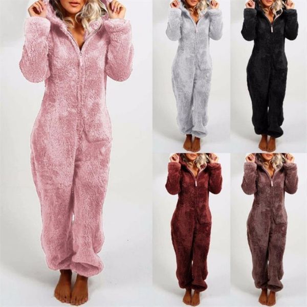 

plush fall winter warm womens jumpsuits pajamas fluffy fleece sleepwear overall hood zipper one piece suits plus size, Black;white