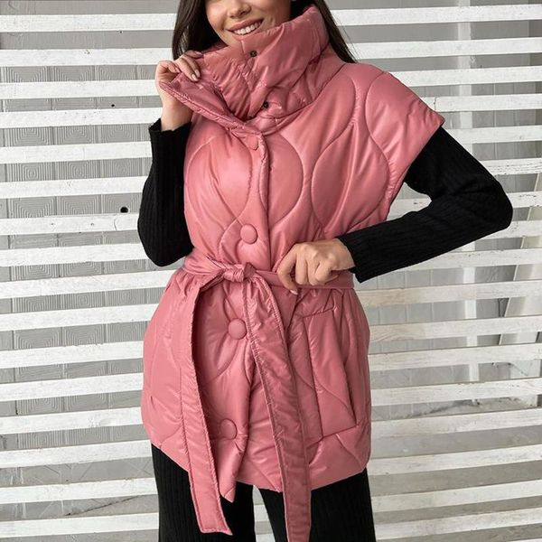 

women's vests floy fashion casual stand collar women elegant solid wave single breasted coats tie belt cotton ladies, Black;white