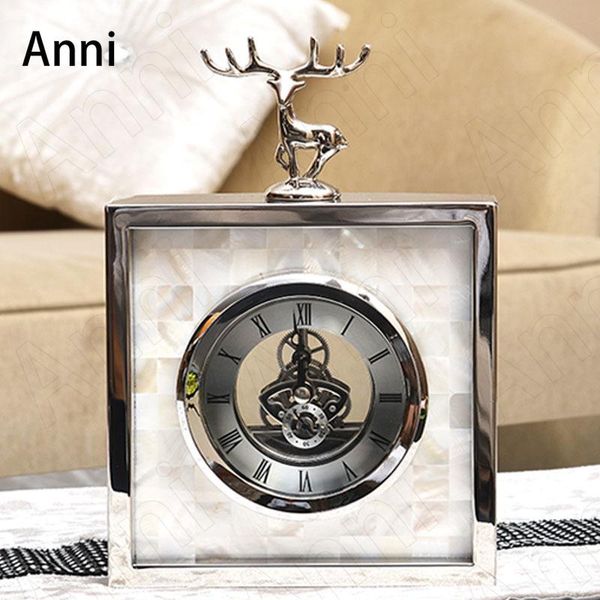 

european classical silver deer table clock creativity iron frame marble texture vintage clocks office deskornaments desk &