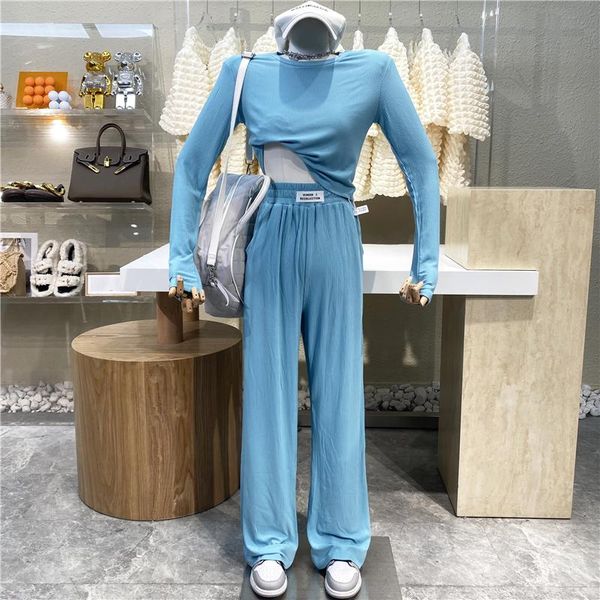 

women's two piece pants foreign style leisure tight elastic shoulder pad t-shirt+cloth pasted high waist straight mop fried street spor, White