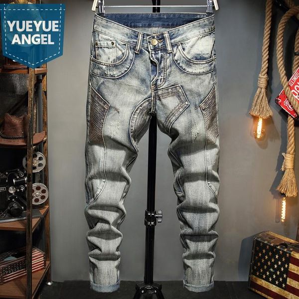 

personality patchwork mens motorcycle jeans retro scratched slim casual pencil pants male streetwear elastic bikers denim men's, Blue
