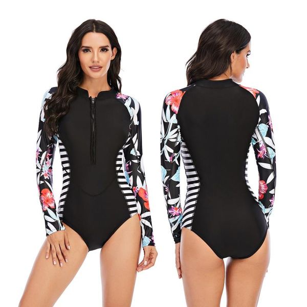 

women's swimwear long sleeve one piece swimsuit athletic zipper printed surfing sunscreen spring diving suit sexy, White;black