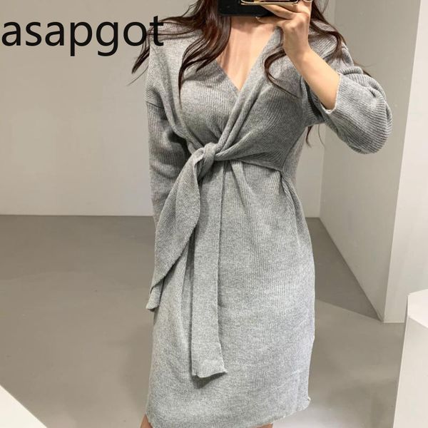 

autumn winter v neck full bandage sweater dress mid-calf slim ol vintage elegant grey knitted sweaters long bodycon 210429, Black;gray