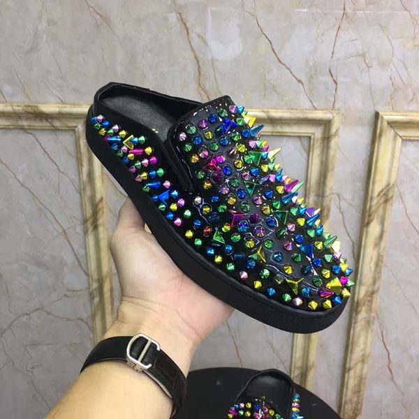 

luxury designer men women slippers red bottoms willow spikes stud pk flip beach slides tide male slipper non-slip leather mens casual shoes, Black