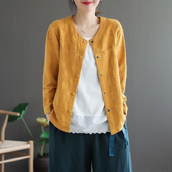 

women's jackets johnature women cotton linen jacquard short jacket o-neck long sleeve solid color button clothing 2021 autumn vintage, Black;brown
