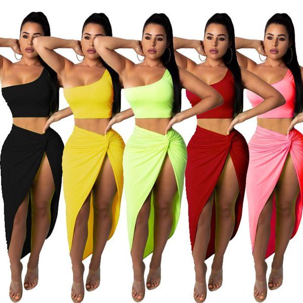 

two piece dress women irregular skew collar crop long skirt 2 set for female pieces sets skirts women's suits plus size, White