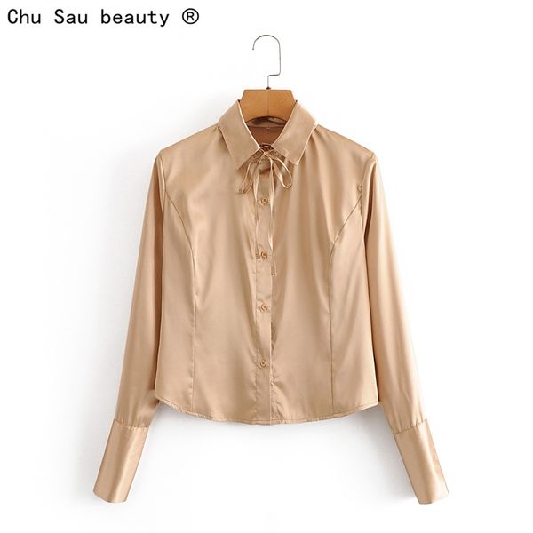 

autumn vintage slim casual champagne lapel flared sleeve lace-up single-breasted shirt for women blouses blusas mujer 210508, White