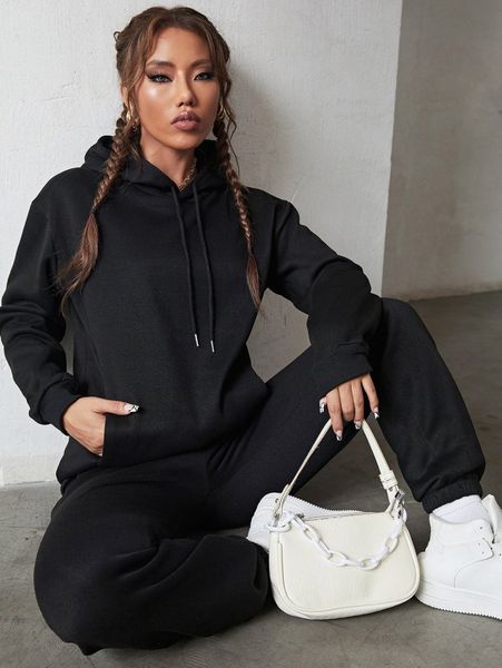 

solid drawstring detail thermal lined sweatshirt & sweatpants c5ny#, White