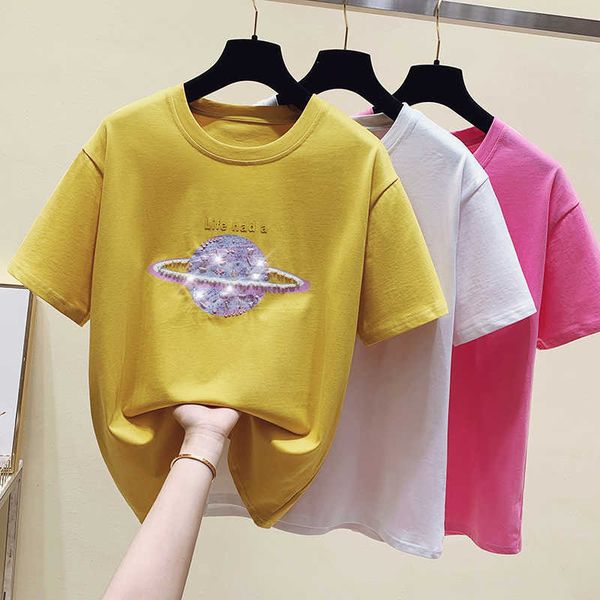 

short sleeve tees t shirt women clothing white oversized summer tshirt female loose beading cotton tee shirt korean fashion 210604