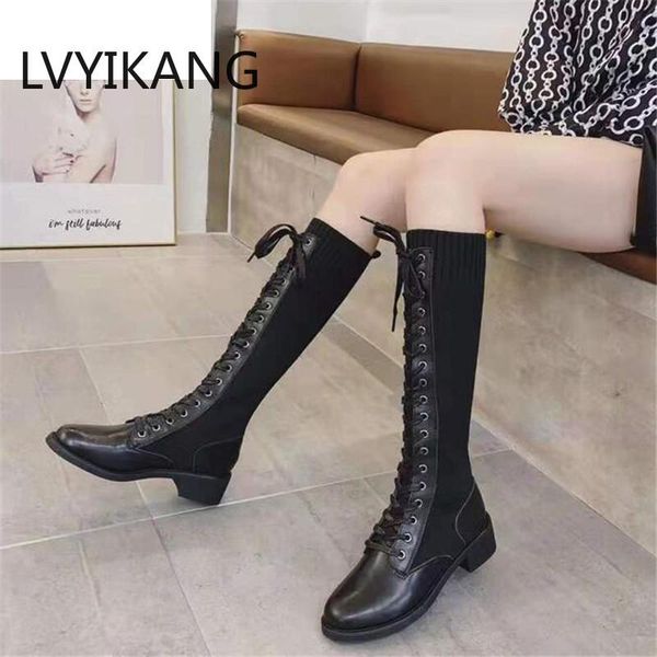 

boots 2021 women genuine leather winter elastic knitted thick-heeled motorcycle high-heeled, Black