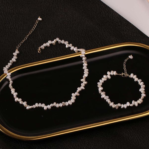 

baroque natural pearl necklace light luxury high feeling sweet student bracelet short neck chain two piece set, Silver