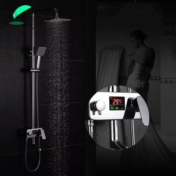

chrome polished digital temperature display shower faucet bathroom wall mounted single handle system sets