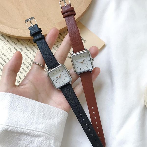 

wristwatches simple square women watches ulzzang fashion brand qualities ladies leather black brown quartz clock drop, Slivery;brown