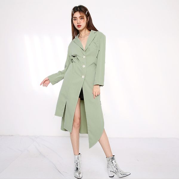 

green backless hollow out long bandage jacket lapel long sleeve women coat fashion tide spring autumn 2021, Black;brown