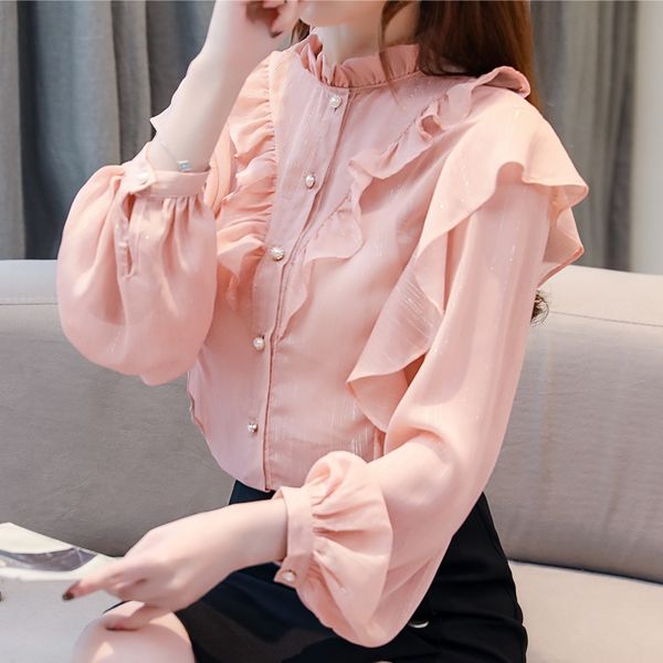 

blusas mujer de moda stand collar ruffles chiffon blouse shirt women long sleeve blouse women womens and blouses c785 210426, White