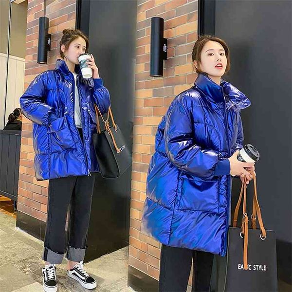 

winter women parkas fashion shiny fabric thicken windproof warm jackets coat outwears vintage korean snow wear loose jacket 210517, Black
