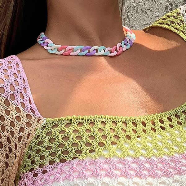 

chains women's neck chain fashion colorful acrylic thick necklace for women men bohemian plastic choker collar jewelry gifts, Silver