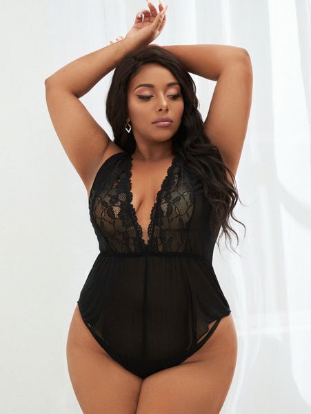 

plus contrast lace mesh teddy bodysuit 74fp#, Black;white