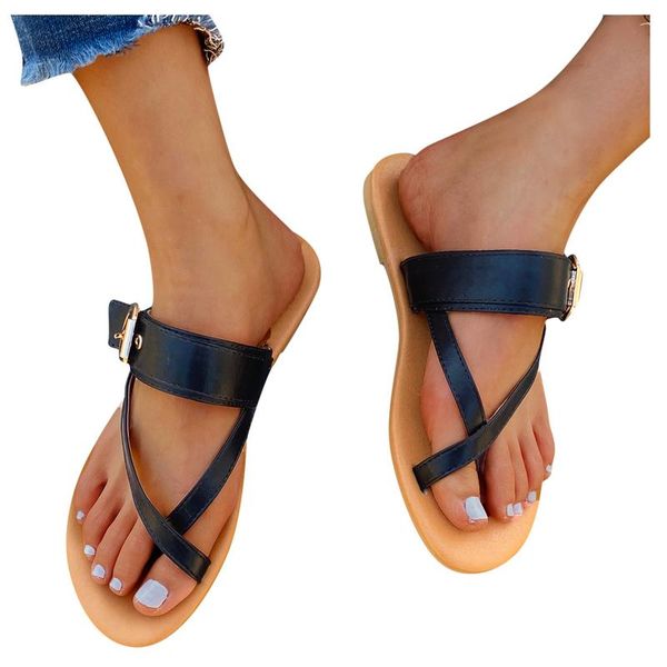 

roman flat slippers women ring toe slides ladies shoes summer sandals buckle beach flip flops woman, Black
