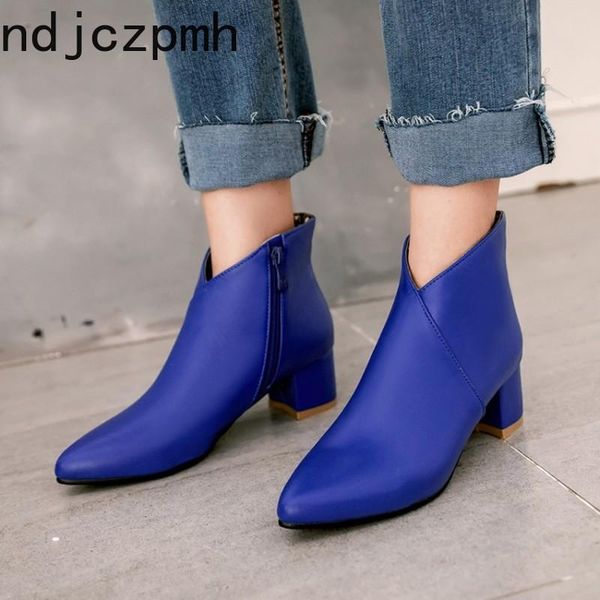 

boots ankle autumn and winter the fashion pointed zipper thick heel mid short tube women's shoes plus size 34-44 black