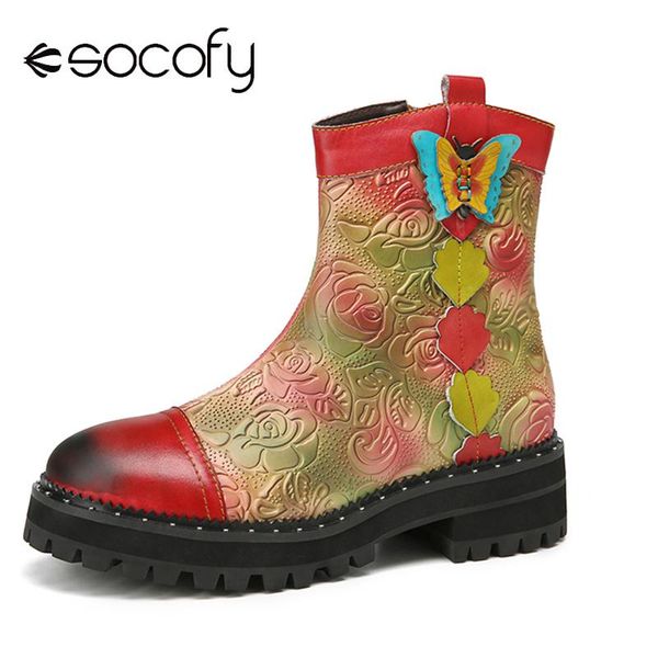 

boots socofy women elegant butterfly decor retro printed leather comfy wearable platform short round toes fashion shoe, Black