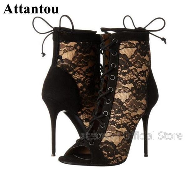 

dress shoes black lace floral printed peep toe high heel sandal boots up cross tied straps thin heels spring ankle