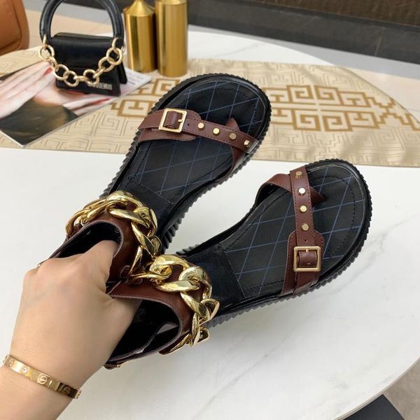 

est summer shoes woman retro leather thongs sandals platform ankle-strap metal decora dress, Black