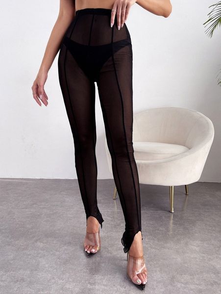 

sxy split front sheer skinny leggings c5ri#, Black