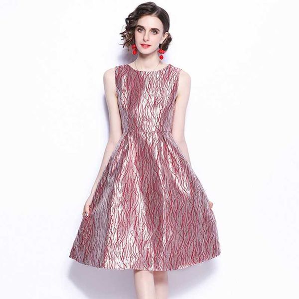 

summer european style dress o neck large swing pleated high waist sleeveless vest jacquard stitching 210531, Black;gray