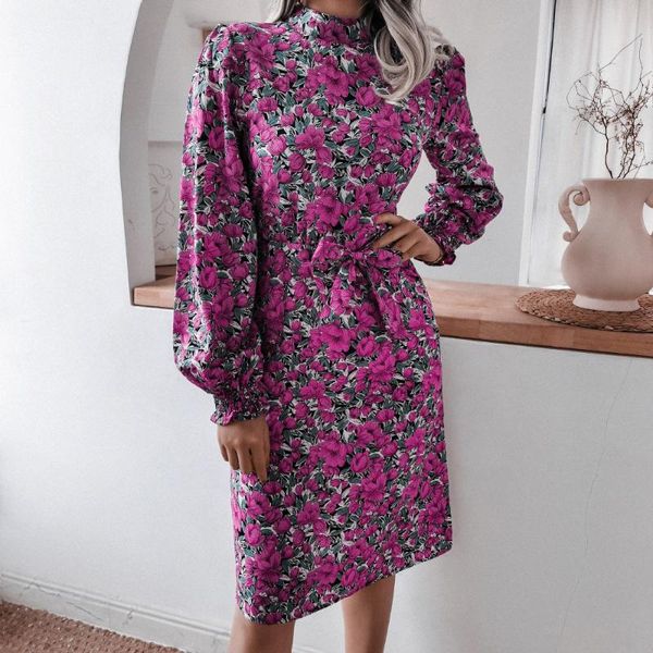 

casual dresses tide spring women floral print dress long sleeve vintage lace up female midi elegant beach party sundress plus size, Black;gray