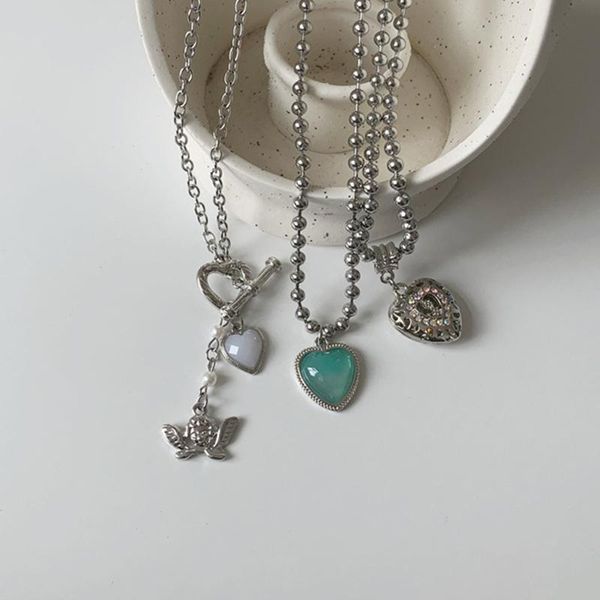 

pendant necklaces fashion angel love heart hollow out necklace for women statement rhinestone toggle clasp jewelry, Silver
