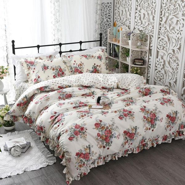 

bedding sets shabby elegant floral ruffles girls duvet cover bedskirt comforter/duevt 100%cotton 4pcs set  king twin size