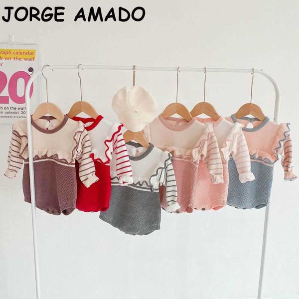 

baby girl bodysuits born stripe patchwork knitted long sleeve romper overalls clothes 0-3y e82126 210610, Blue