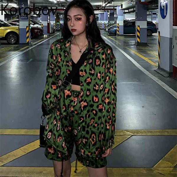 

korobov harajuku high street leopard pattern women blouse and shorts two piece set korean green female tracksuits 78745 210430, White