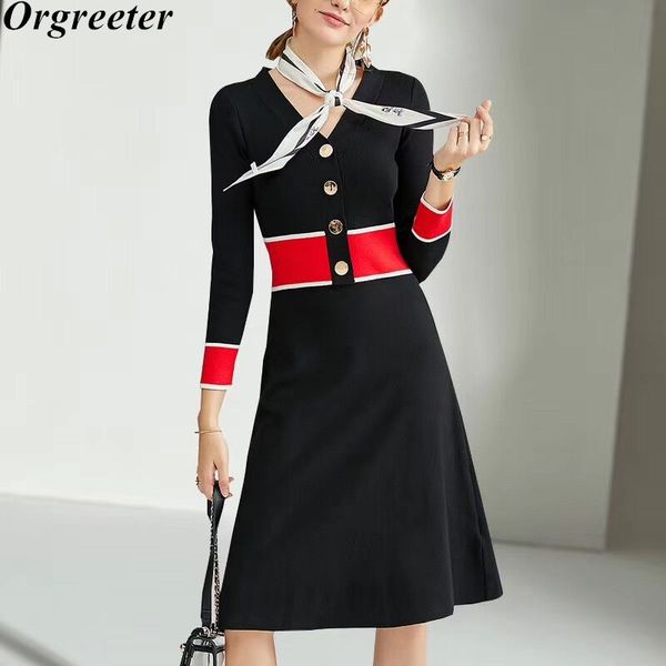 

elegant ladies women sweater dress autumn winter casual v-neck hit color button deco slim a-line knitted female 210525, Black;gray