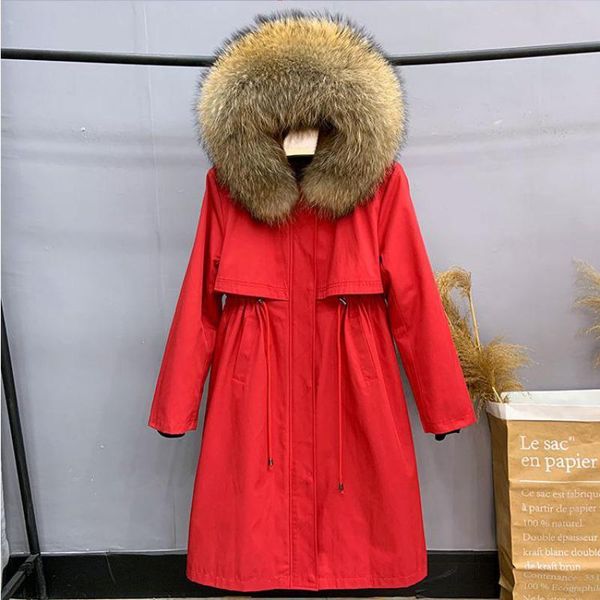 

women's fur & faux real coat, natural raccoon collar warm big leather detachable long parka coat fashion winter, Black
