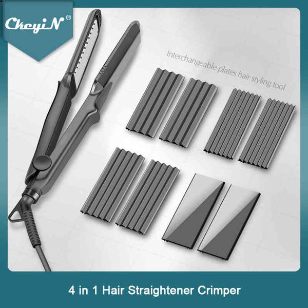 Profissional 4 em 1 Straightener Crimper Cerâmica Cabelo Curler Styler Placas Intercambiáveis ​​Corrugadas Ondulado Flat Ferro 38