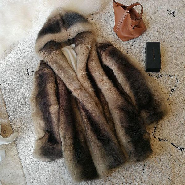 

women's fur & faux european and american imitation mink hair striped hooded plush medium length loose woolly coat thick for women, Black